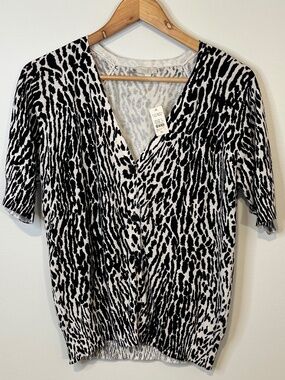 Talbots Black and White Animal Print Short-Sleeve Button Up Cardigan